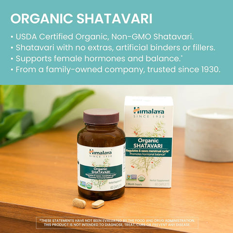 Himalaya Organic Shatavari Hormone Balance Menstrual Cramp Menopause Support 1300 mg, 60 Caplets