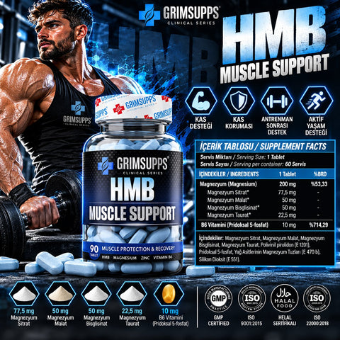 Grimsupps HMB 3000 mg Magnezyum, Çinko ve B6 Vitaminli 90 Tablet
