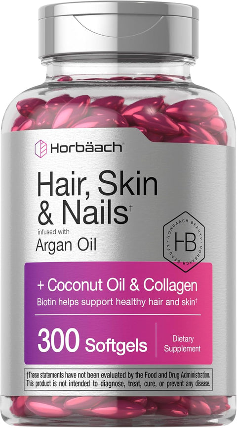 Horbäach Hair Skin and Nails Vitamin with Biotin and Collagen Infused with Argan Oil and Coconut Oil 300 Softgels