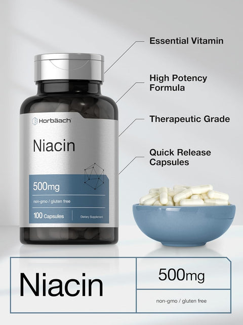 Horbäach Niacin with Flushing Vitamin B3 500mg 100 Caps