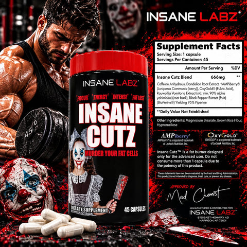 Insane Labz Insane Cutz Intense Cuts Fat Burner Men Women Thermogenic Weight Loss Appetite Yohimbine 45 Caps