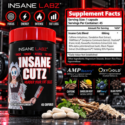 Insane Labz Insane Cutz Intense Cuts Fat Burner Men Women Thermogenic Weight Loss Appetite Yohimbine 45 Caps