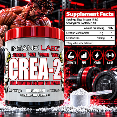 Insane Labz Crea-2 Creatine Monohydrate & Creatine HCl Powder 60 Servings - Kreatin Monohidrat & HCL