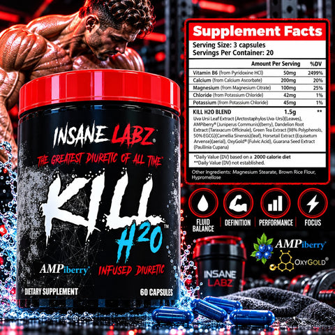 Insane Labz Kill H2O diuretic Water Retention and Bloating Relief with Dandelion Root and Green Tea Extract 60 Caps
