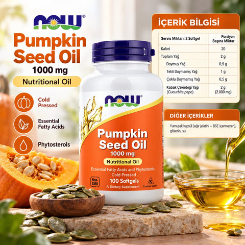 NOW Pumpkin Seed Oil 1000 mg with Essential Fatty Acids and Phytosterols Cold Pressed 100 Softgels