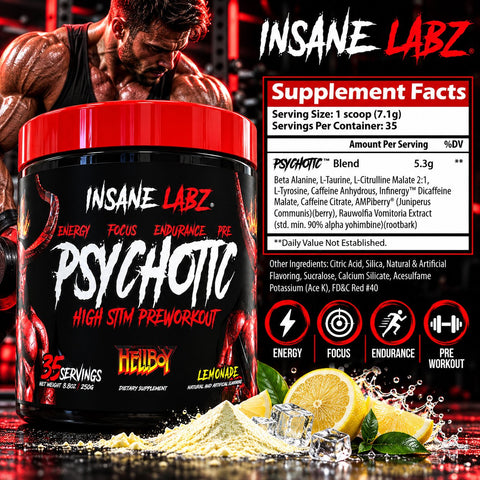 Insane Labz Hellboy Psychotic PreWorkout Nitric Oxide Boosts Focus Energy 35 Servis - Lemonade