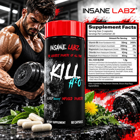 Insane Labz Kill H2O diuretic Water Retention and Bloating Relief with Dandelion Root and Green Tea Extract 60 Caps