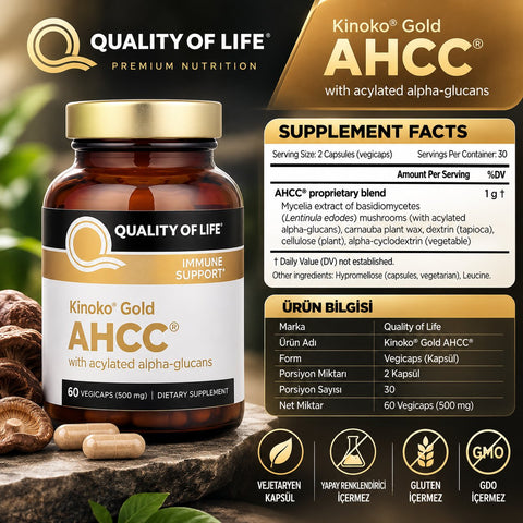 Quality of Life Kinoko Gold AHCC Immune Support With Acylated Alpha-Glucans 500 mg 60 Vegicaps