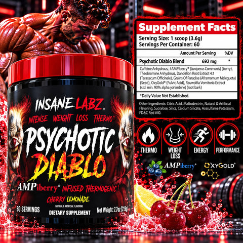Insane Labz Psychotic Diablo Powder Thermogenic Fat Burner Yohimbine 60 Servis - Cherry Lemon