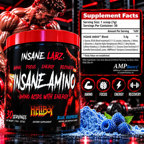Insane Labz Insane Amino Hellboy BCAA with Energy Focus Muscle Recovery Intra Workout 30 Srvgs, Blue Raspberry