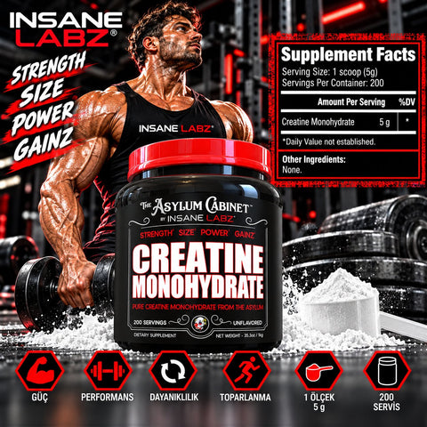 Insane Labz Insane Creatine Monohydrate Post Workout Strength Size Power 1 kg 200 Servings - Kreatin Takviyesi
