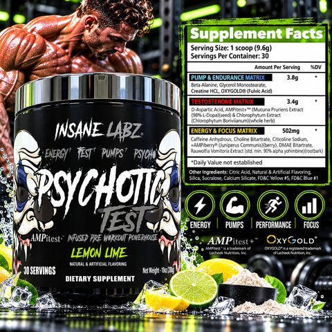 Insane Labz Psychotic Test Energy Pump Boosting PreWorkout DMAE Bitartrate D-Aspartic Acid Creatine HCL and Glycerol Monostearate 30 Servings Lemon-Lime