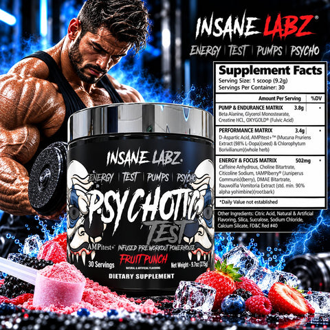 Insane Labz Psychotic Test Boost PreWorkout with DMAE Bitartrate D Aspartic Acid Creatine HCL and Glycerol 30 Servis