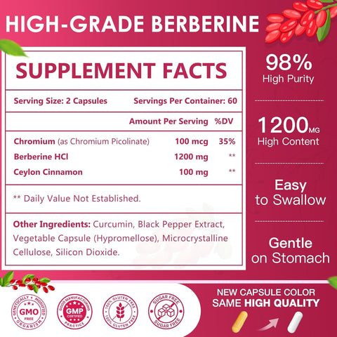 NATURE TARGET Berberine HCl 1200mg with Ceylon Cinnamon Chromium Immune Digestive Health Non-GMO 120 Caps