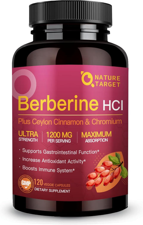 NATURE TARGET Berberine HCl 1200mg with Ceylon Cinnamon Chromium Immune Digestive Health Non-GMO 120 Caps