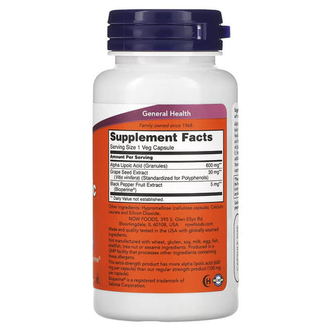 NOW Foods, Alpha Lipoic Acid+Grape Seed Extra Strength, 600 mg, 60 Veg Caps