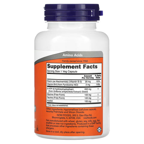 NOW Foods, 5-HTP, Inositol , Taurine , Niacin , Glycine Double Strength, 200 mg, 120 Veg Capsules
