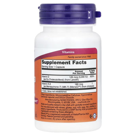 NOW Foods, Mega D-3 K2 Vitamin & MK-7, 5,000 IU / 180 mcg, 60 Caps