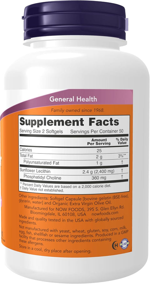 NOW Foods Sunflower Lecithin Phospholipids Choline Nervous System Support 1,200 mg, 100 Softgels