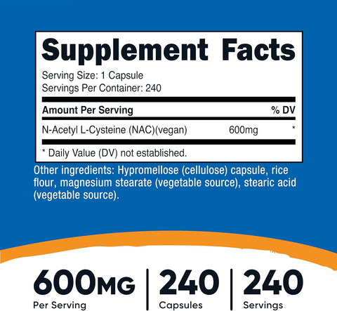 Nutricost N-Acetyl L-Cysteine NAC 600mg 240 Vegetarian Caps