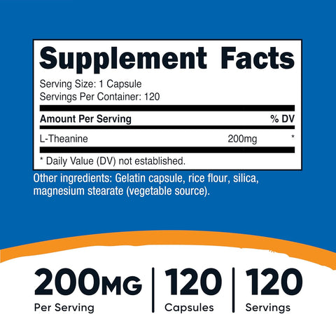 Nutricost L-Theanine Brain & Cognitive 200mg 120 Capsules Double Strength