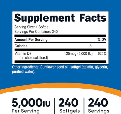 Nutricost Vitamin D3 5,000 IU 240 Softgels