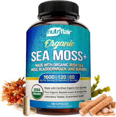NutriFlair Organic Sea Moss 1600mg Bladderwrack Burdock Prebiotic Immune System & Digestive Health - Thyroid, Healthy Skin Keto Detox Gut 120
