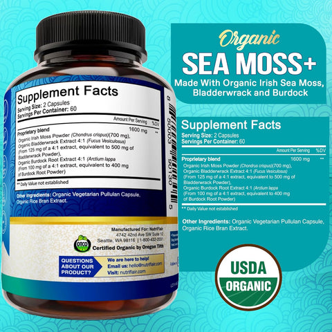 NutriFlair Organic Sea Moss 1600mg Bladderwrack Burdock Prebiotic Immune System & Digestive Health - Thyroid, Healthy Skin Keto Detox Gut 120