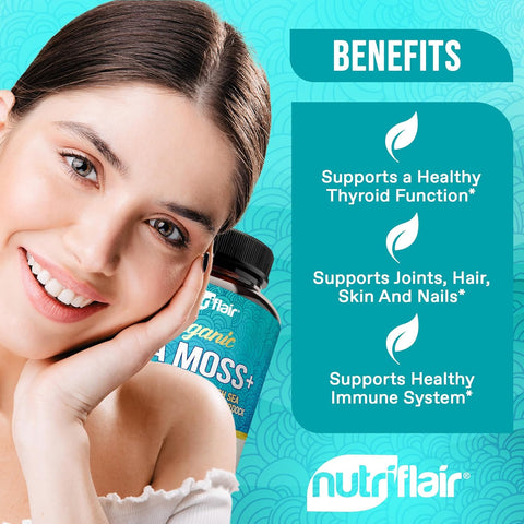 NutriFlair Organic Sea Moss 1600mg Bladderwrack Burdock Prebiotic Immune System & Digestive Health - Thyroid, Healthy Skin Keto Detox Gut 120