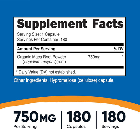 Nutricost Maca Root Capsules Lepidium meyenii 750mg 180 Caps 180 Servings
