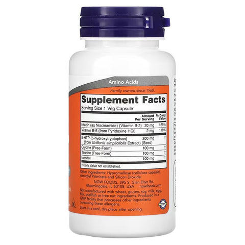 NOW Foods, 5-HTP, Inositol , Glycine , Taurine , Niacin Double Strength, 200 mg, 60 Veg Capsules