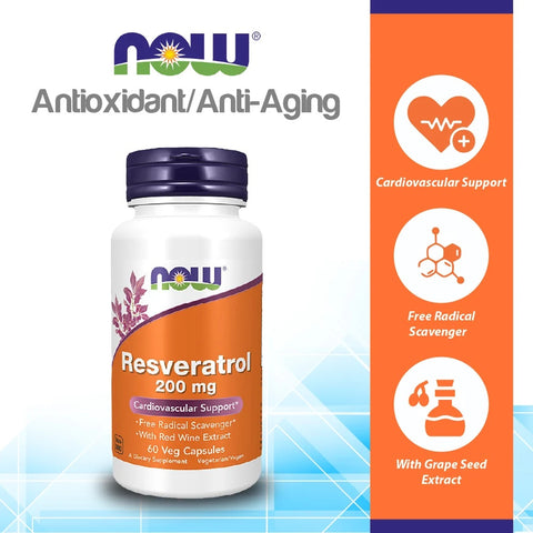 NOW Foods Resveratrol Grape Seed Extract Antioxidants Brain & Cognitive 200 mg 60 Veg Caps