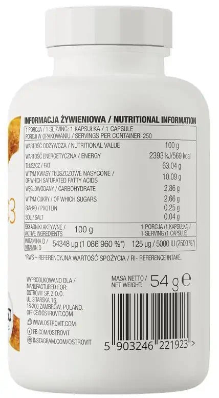 OstroVit Vitamin D3 5000IU - 250 Softgels