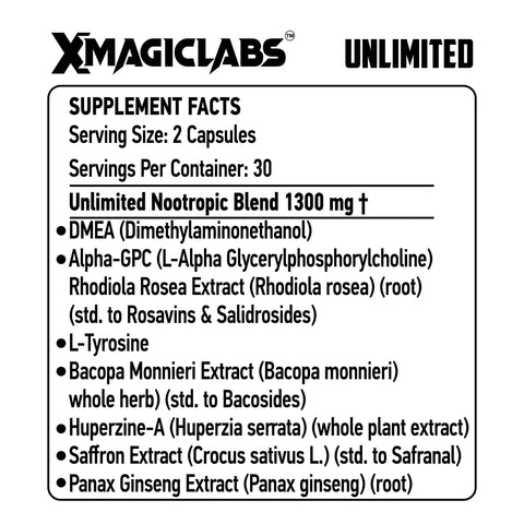 Xmagiclabs UNLIMITED Dmae , Alpha Gpc , Rhodiola Rosea , Tyrosine , Bacopa , Huperzine , Saffron , Panax Ginseng  60 Caps