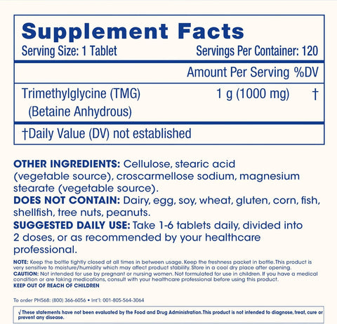 ProHealth TMG Pro 1000mg Trimethylglycine Betaine Heart Health Liver Detox 120 Tablet