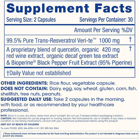 ProHealth Pure Trans Resveratrol Plus Quercetin Red Wine & Green Tea Extract Healthy Aging 1000mg 60 Caps