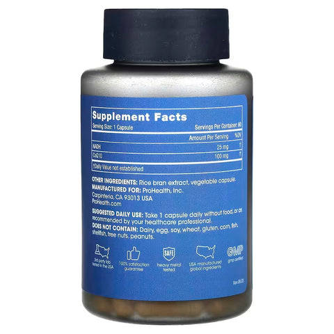 ProHealth Longevity NADH + CoQ10 Coenzyme Q10 Ubiquinone ATP focus and memory 60 Capsules