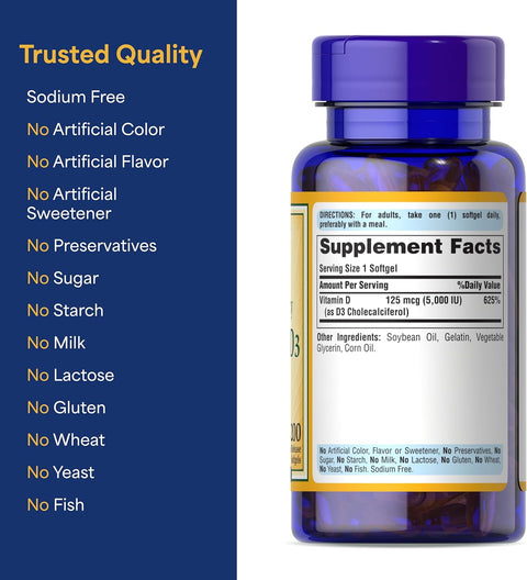 Puritan's Pride Vitamin D3 125 mcg 5000 IU 200 Softgels