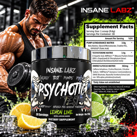 Insane Labz Psychotic Test Energy Pump Boosting PreWorkout DMAE Bitartrate D-Aspartic Acid Creatine HCL and Glycerol Monostearate 30 Servings Lemon-Lime