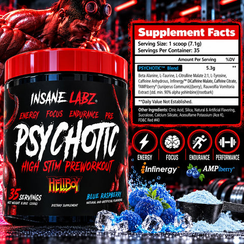 Insane Labz Psychotic Hellboy PreWorkout and Insane Amino BCAA Recovery Time, Blue Raspberry 35 Servis