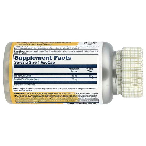 Solaray Zinc Citrate with Pumpkin Seed Immune System 60 VegCaps
