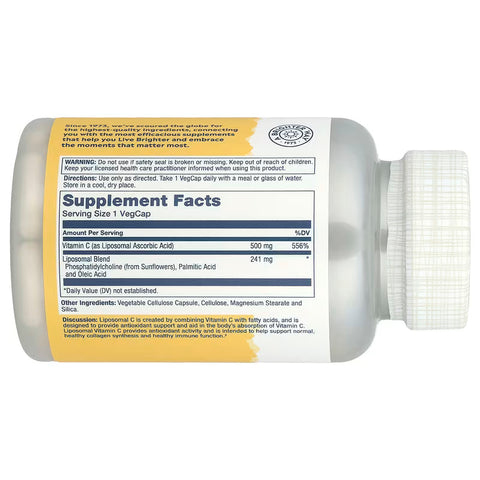 Solaray Enhanced Absorption Liposomal Vitamin C  Phosphatidylcholine Sunflowers 100 VegCaps
