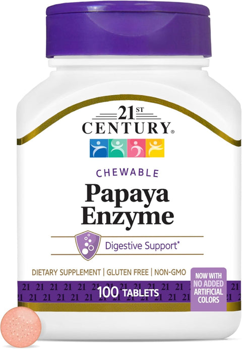 21st Century Papaya Enzyme Digestive Enzymes for Gut Health 100 Chewable Tablet