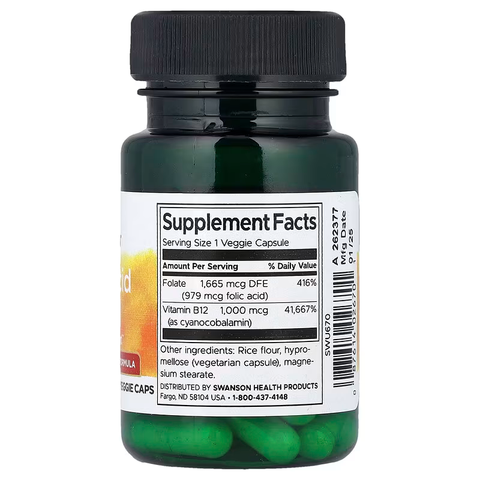 Swanson Folic Acid & B12 With Vitamin B9 Folate Energy Support 30 Veggie Caps