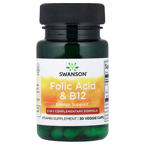 Swanson Folic Acid & B12 With Vitamin B9 Folate Energy Support 30 Veggie Caps