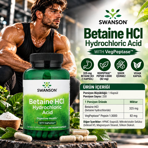Swanson Vitamins, Betaine HCl Hydrochloric Acid with VegPeptase Digestion, Especially Protein Gastric pH 250 Veggie Capsules