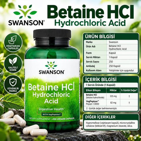 Swanson Vitamins, Betaine HCl Hydrochloric Acid with VegPeptase Digestion, Especially Protein Gastric pH 250 Veggie Capsules