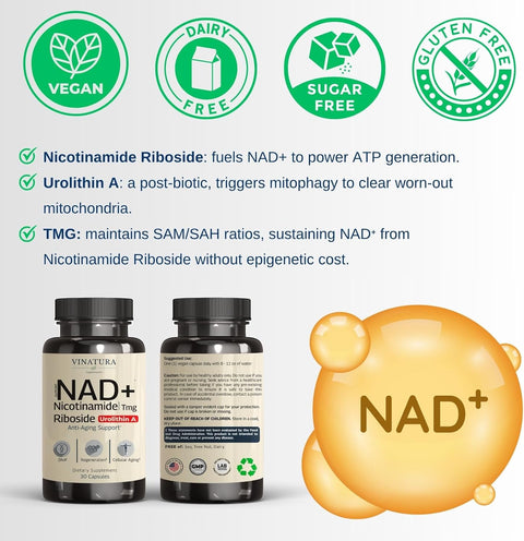VINATURA NAD+ Nicotinamide Riboside Trans-Resveratrol TMG and Urolithin A Betaine 30 Vegan Caps