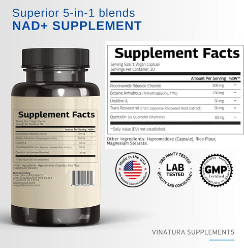 VINATURA NAD+ Nicotinamide Riboside Trans-Resveratrol TMG and Urolithin A Betaine 30 Vegan Caps