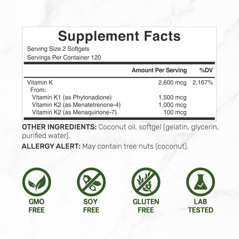DEAL SUPPLEMENT Vitamin K 1 - K2 Complete MK-7 and MK-4 Bone Joint Immune Support 240 Coconut Oil Softgels